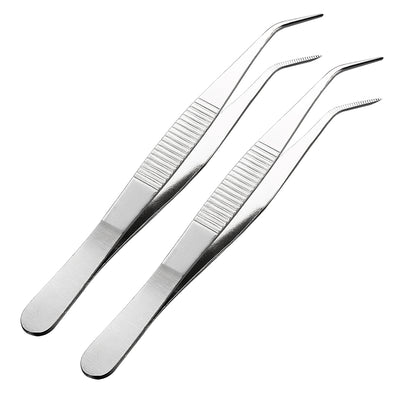 Harfington Uxcell 2 Pcs 5.5-Inch Stainless Steel Tweezers with Curved Pointed Serrated Tip