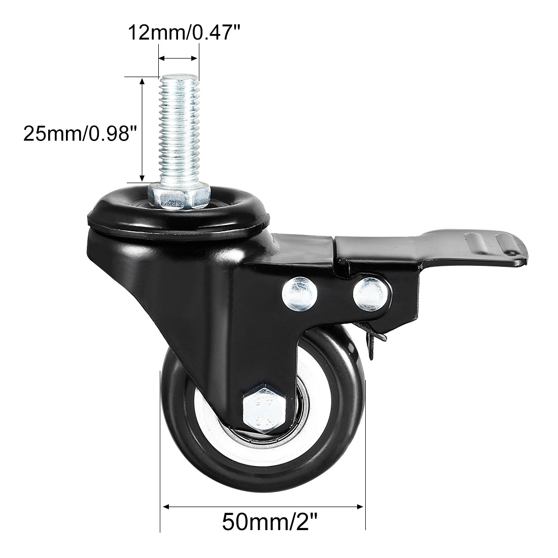 uxcell Uxcell 2 Pcs 2 Inch Swivel Caster Wheels PU 360 Degree Threaded Stem Caster Wheel with Brake, M12 x 25mm, 132lb Capacity