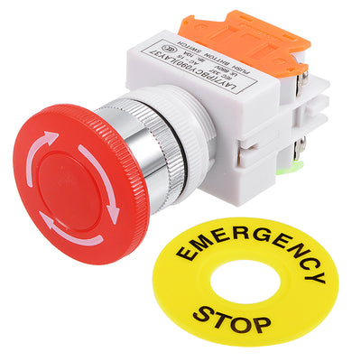 Harfington Uxcell 22mm Mounting Hole Latching Emergency Stop Push Button Switch Red With 60mm Emergency Stop Sign 1NO 1NC