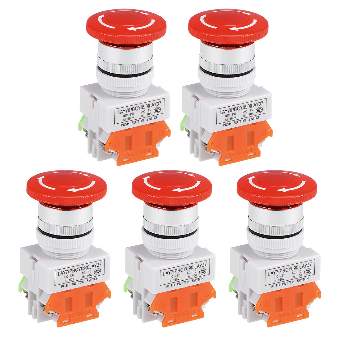 uxcell Uxcell 5 pcs 22mm Mounting Hole Latching Emergency Stop Push Button Switch Red 1NO 1NC