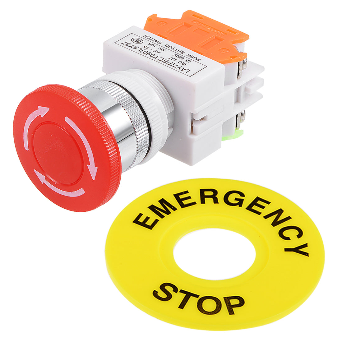 uxcell Uxcell 22mm Mounting Hole Latching Emergency Stop Push Button Switch Red With 90mm Emergency Stop Sign 1NO 1NC 660V