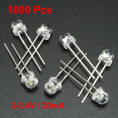Harfington Uxcell 1000pcs 5mm White LED Diode Lights Clear Straw Hat Transparent 3-3.4V 20mA Super Bright Lighting Bulb Lamps Electronic Component Light Emitting Diodes