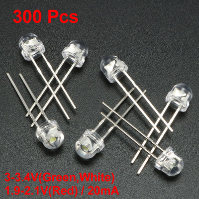 Harfington Uxcell 3 colors x 100 pcs 5mm Red Green White LED Diode Light Clear Straw Hat Transparent 20mA Lighting Bulb Lamp Electronic Component Emitting Diodes 300pcs