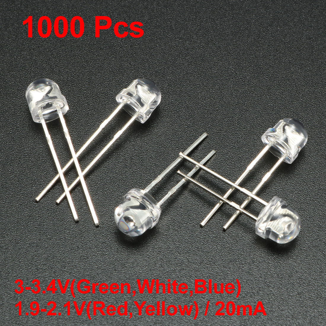 uxcell Uxcell 5 Colors x 200 Pcs 5mm Red Green Blue Yellow White LED Diode Light Clear Straw Hat 20mA Lighting Bulb Lamp Electronic Component Emitting Diode 1000pcs