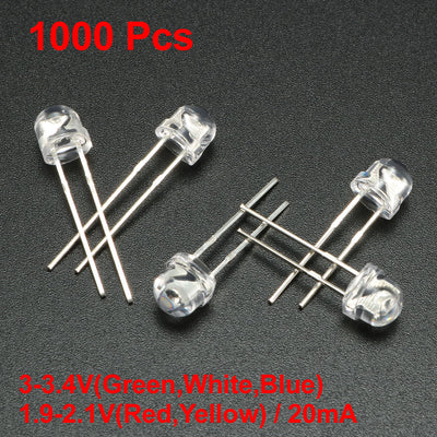 Harfington Uxcell 5 Colors x 200 Pcs 5mm Red Green Blue Yellow White LED Diode Light Clear Straw Hat 20mA Lighting Bulb Lamp Electronic Component Emitting Diode 1000pcs