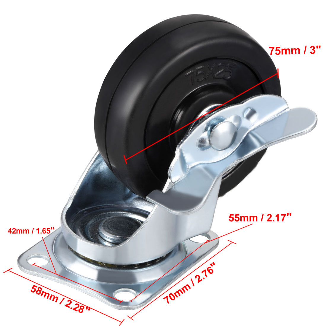 Uxcell Uxcell 3 Inch Swivel Casters Wheels Rubber 360 Degree Top Plate Mounted Caster Wheel with Brake 110lb Capacity 4 Pcs
