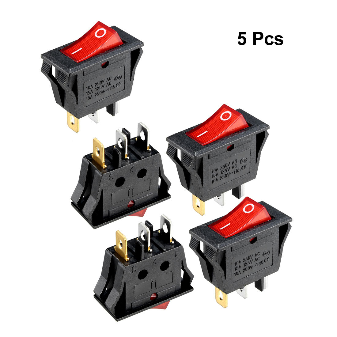 uxcell Uxcell 5pcs AC 250V/10A 125V/15A 3P I/O 2 Position Snap-in Boat Rocker Switch Red Black