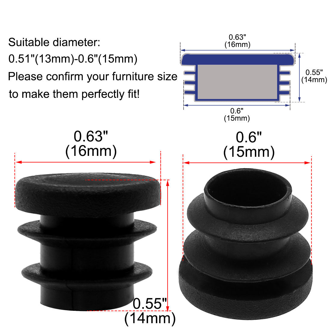 Uxcell Uxcell 5/8" 16mm OD Plastic Round Tube Ribbed Inserts End Cover Caps 18pcs, 0.51"-0.6" Inner Dia, Floor Furniture Chair Desk Protector