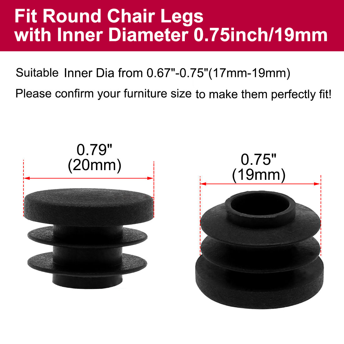 Uxcell Uxcell 5/8" 16mm OD Plastic Round Tube Ribbed Inserts End Cover Caps 18pcs, 0.51"-0.6" Inner Dia, Floor Furniture Chair Desk Protector