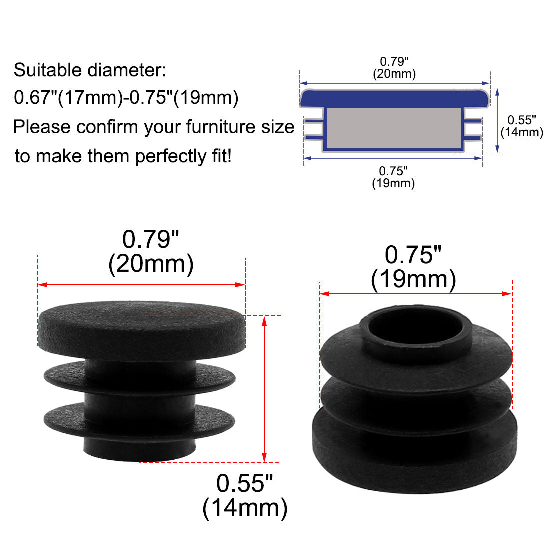 Uxcell Uxcell 3/4" 20mm OD Plastic Round Tube Ribbed Inserts End Cover Caps 70pcs, 0.67"-0.75" Inner Dia, Floor Furniture Chair Cabinet Protector