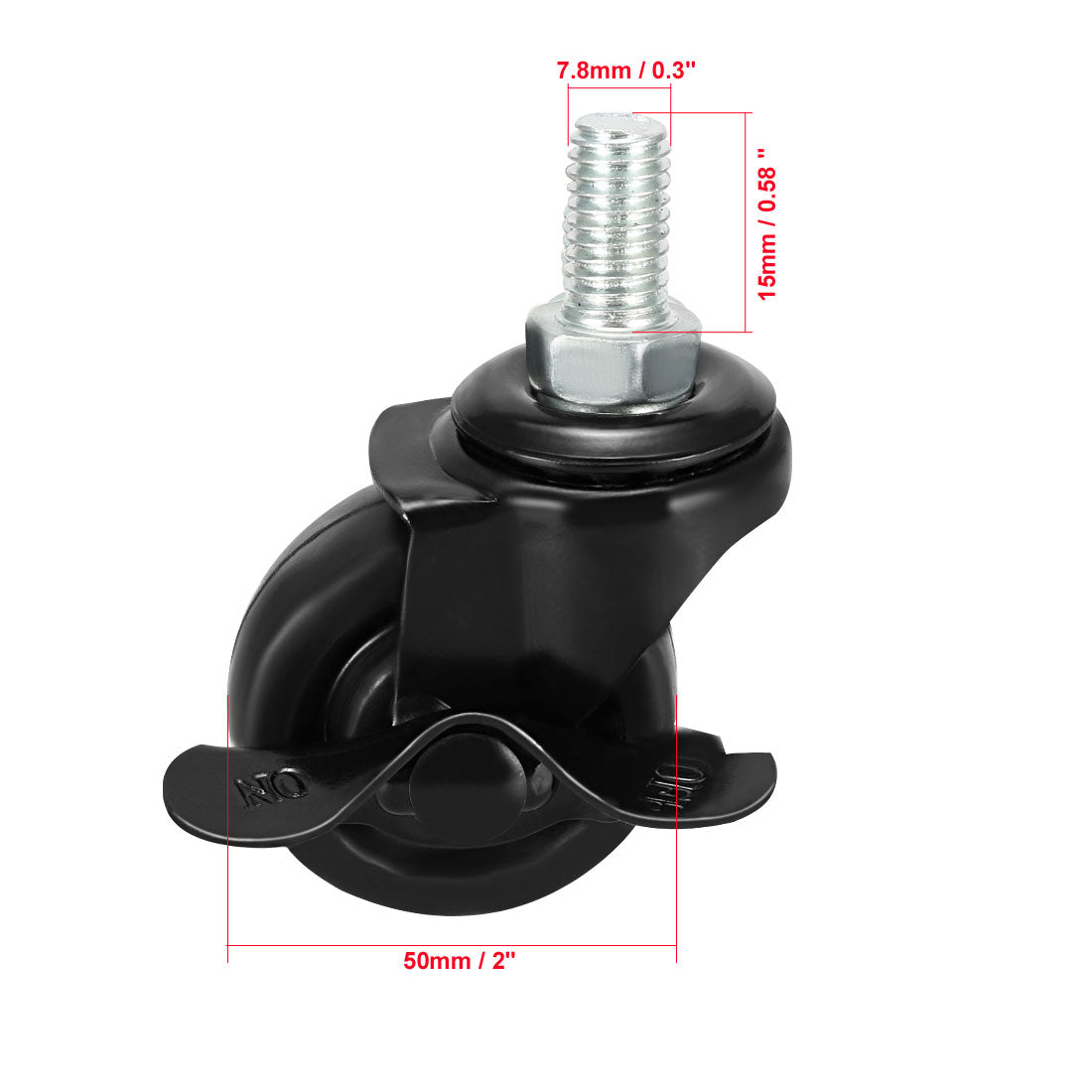 Uxcell Uxcell Swivel Casters 2 Inch Solid Rubber 360 Degree M8 x 15mm Threaded Caster Wheels with Brake Black 44lb Capacity Each , 8 Pcs