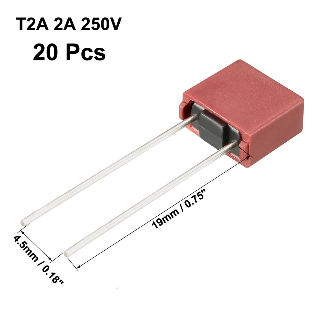 uxcell Uxcell 20Pcs DIP Mounted Miniature Square Slow Blow Micro Fuse T2A 2A 250V Red