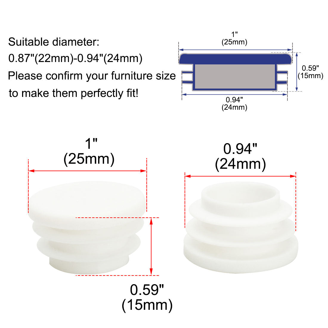 Uxcell Uxcell 1" 25mm OD Plastic Round Ribbed Tube Insert Pipe End Cover Cap White 24pcs, 0.87"-0.94" Inner Dia, Furniture Chair Table Feet Floor Protector