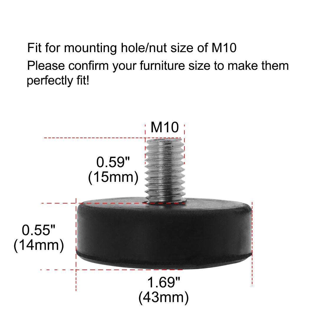 uxcell Uxcell M10 x 15 x 43mm Leveling Feet Adjustable Leveler Floor Protector Round Base for Furniture Chair Table Leg 16pcs