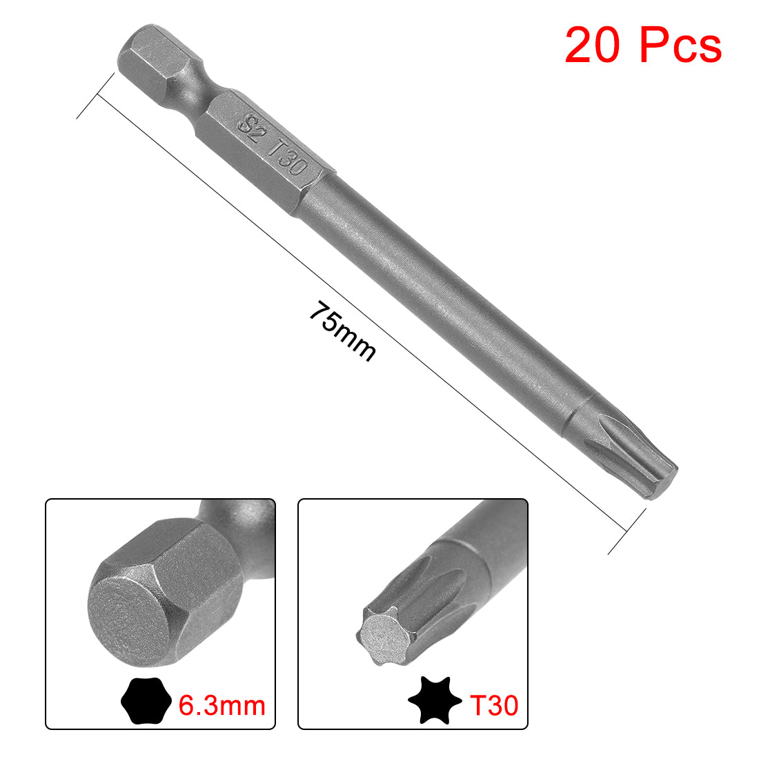 Uxcell Uxcell 20pcs 75mm Long 1/4" Hex Shank T10 Magnetic Torx Head Screwdriver Bits S2 High Alloy Steel