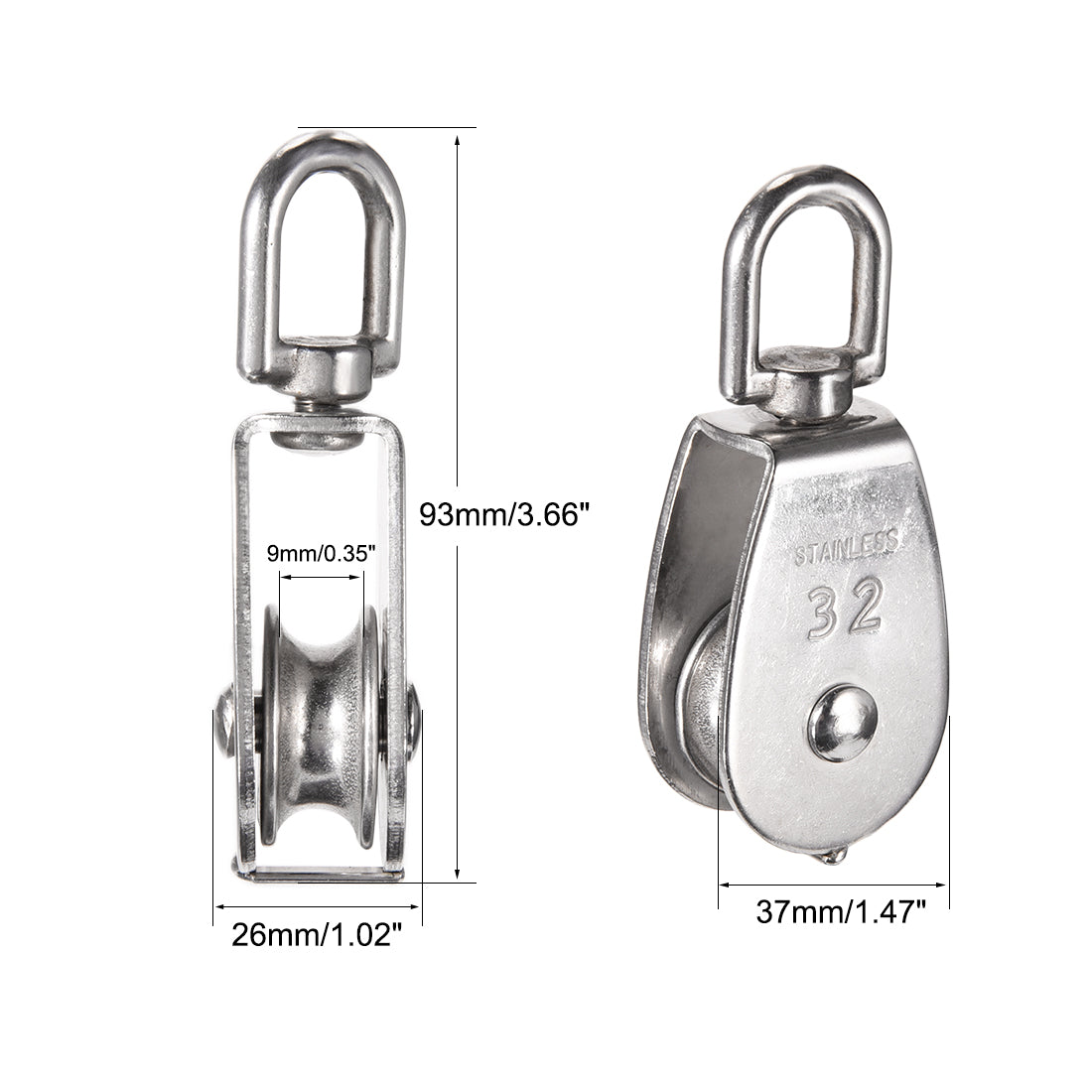 uxcell Uxcell M32 Lifting Crane Swivel Hook Single Pulley Block Hanging Wire Towing Wheel 304 Stainless Steel