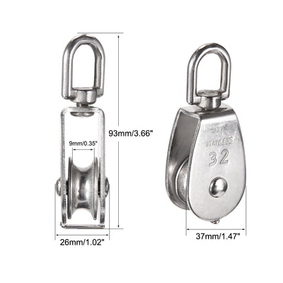 Harfington Uxcell M32 Lifting Crane Swivel Hook Single Pulley Block Hanging Wire Towing Wheel 304 Stainless Steel