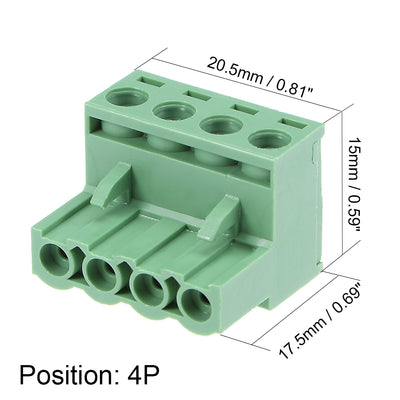 Harfington Uxcell 10Pcs AC300V 15A 5.08mm Pitch 4 Pin Flat Angle Needle Seat Plug-In PCB Terminal Block Connector Green Color