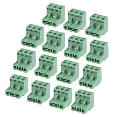 Harfington Uxcell 15Pcs AC300V 15A 5.08mm Pitch 3P Flat Angle Needle Seat Insert-In PCB Terminal Block Connector green
