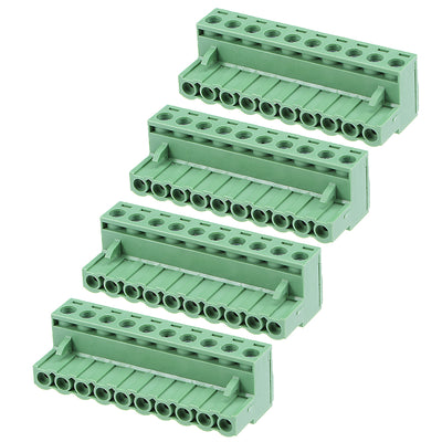 Harfington Uxcell 4Pcs AC 300V 15A 5.08mm Pitch 10P Flat Angle Needle Seat Plug-In PCB Terminal Block Connector Green