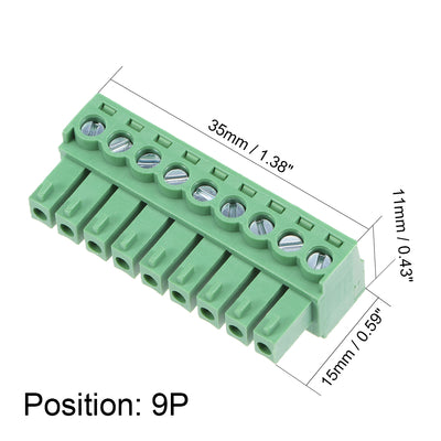 Harfington Uxcell 6Pcs AC300V 8A 3.81mm Pitch 9P Flat Angle Needle Seat Insert-In PCB Terminal Block Connector green