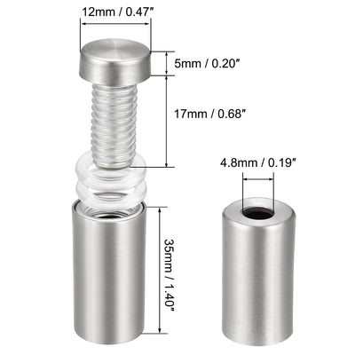 Harfington Uxcell Glass Standoff Mount Stainless Steel Wall Standoff Holder Advertising Nails 12mm Dia 43mm Length 8 Pcs