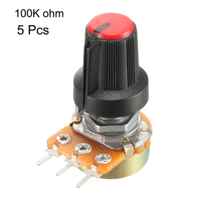 Harfington Uxcell 5Pcs 100K Ohm Variable Resistors Single Turn Rotary Carbon Film Taper Potentiometer with Knobs