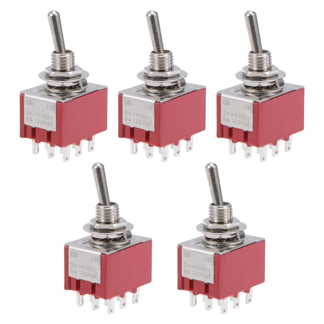 uxcell Uxcell 5Pcs Latching Rocker Toggle Switch 2A250VAC/5A120VAC 9P ON-ON  MTS-302 Red