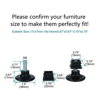 Harfington Uxcell Adjustable Feet 20 x 20mm Square Inserts Furniture Glide 10 Sets Black