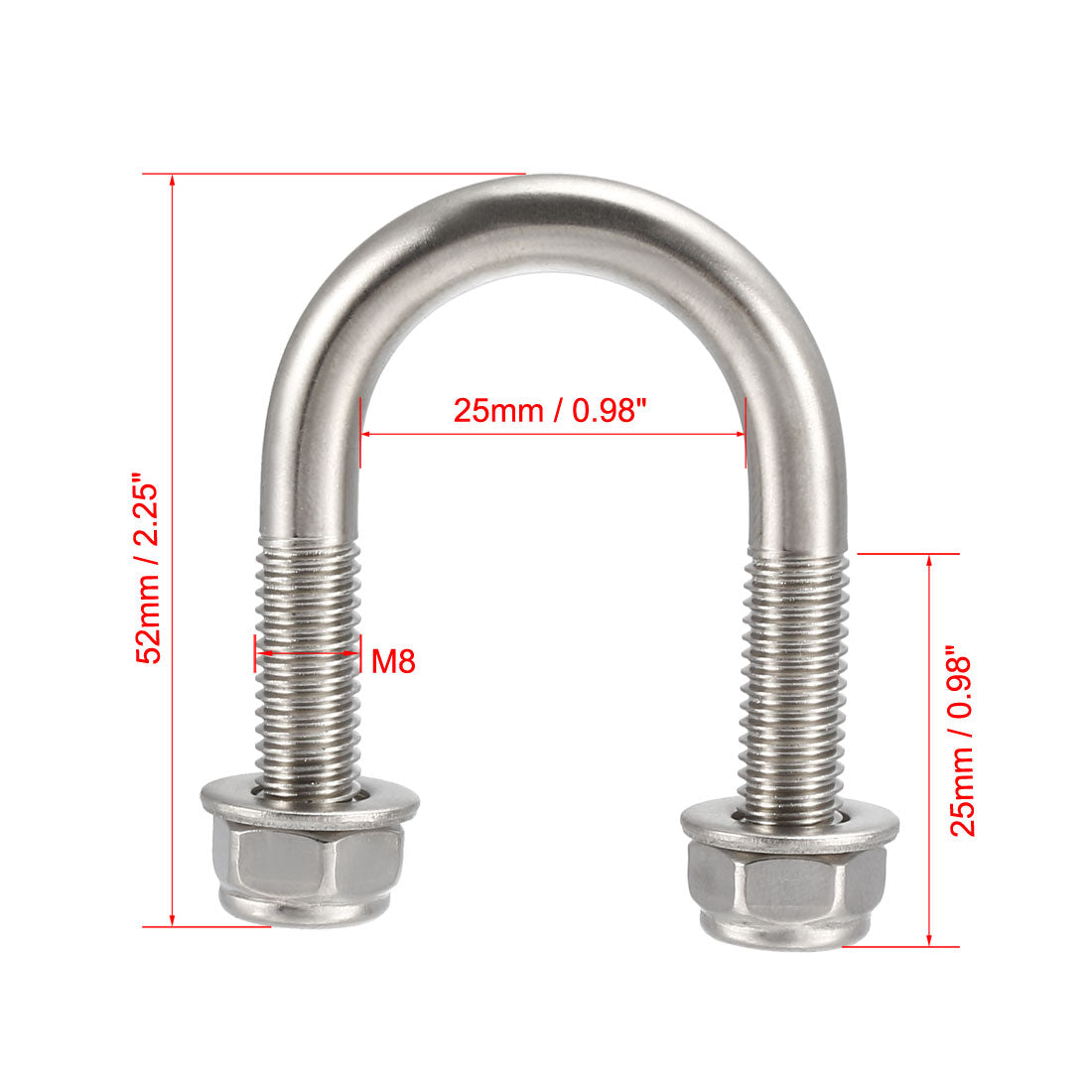uxcell Uxcell U-Bolts M8 D x 27mm W x 52mm L 304 Stainless Steel with Nuts Washers 4Pcs