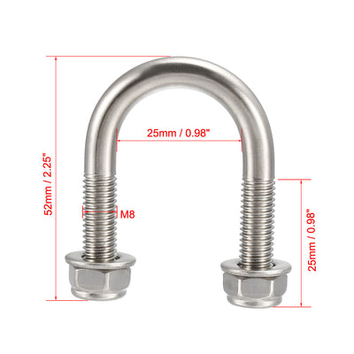 Harfington Uxcell U-Bolts M8 D x 27mm W x 52mm L 304 Stainless Steel with Nuts Washers 4Pcs