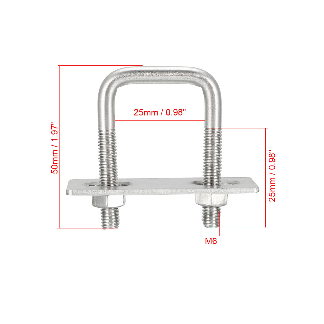uxcell Uxcell Square U-Bolts M6 D x 25mm W x 50mm L 304 Stainless Steel with Nuts Frame