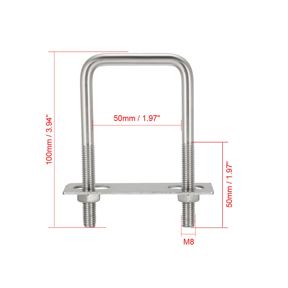 uxcell Uxcell Square U-Bolts M8 D x 50mm W x 100mm L 304 Stainless Steel with Nuts Frame