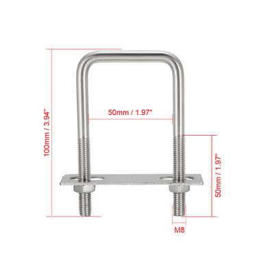 Harfington Uxcell Square U-Bolts M8 D x 50mm W x 100mm L 304 Stainless Steel with Nuts Frame