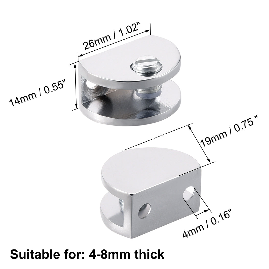 Uxcell Uxcell Glass Shelf Brackets Zinc Alloy Bright Chrome Half Round for 4-8mm Thick 2pcs