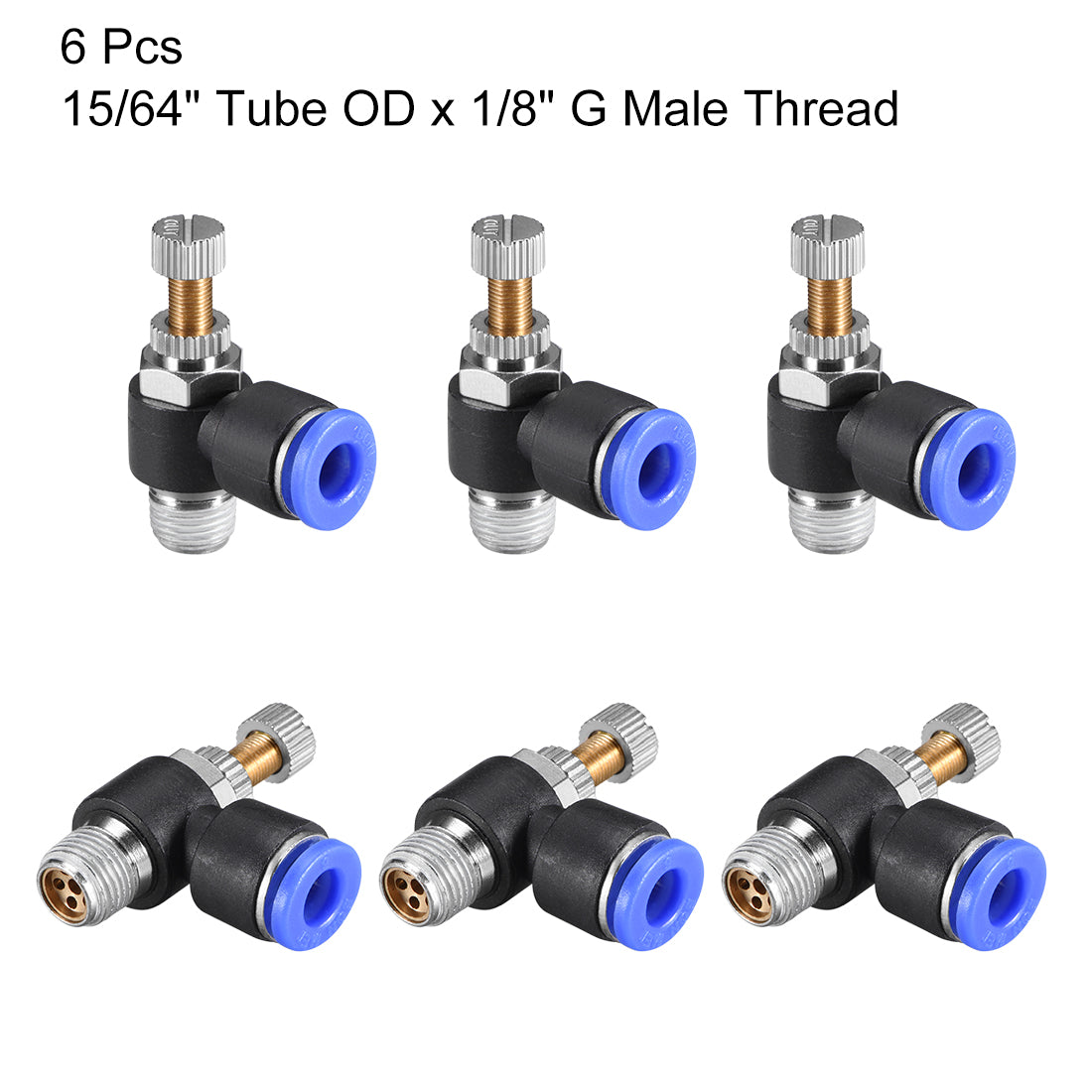 uxcell Uxcell Push-to-Connect Air Flow Control Valve, Elbow, 15/64" Tube OD x 1/8" G Male Thread Speed controller Valve Tube fitting Blue, 6pcs