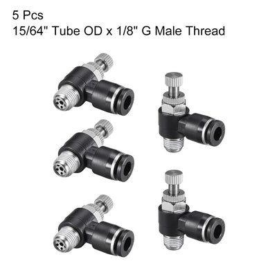 Harfington Uxcell Push-to-Connect Air Flow Control Valve, Elbow, 15/64" Tube OD x 1/8" G  Male Thread Speed controller Valve Tube fitting Black,5pcs