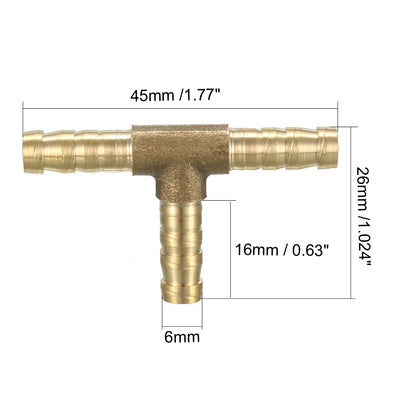 Harfington Uxcell 6mm Brass Tee Barb Hose Fitting T 3 Way Connector Joiner 2pcs