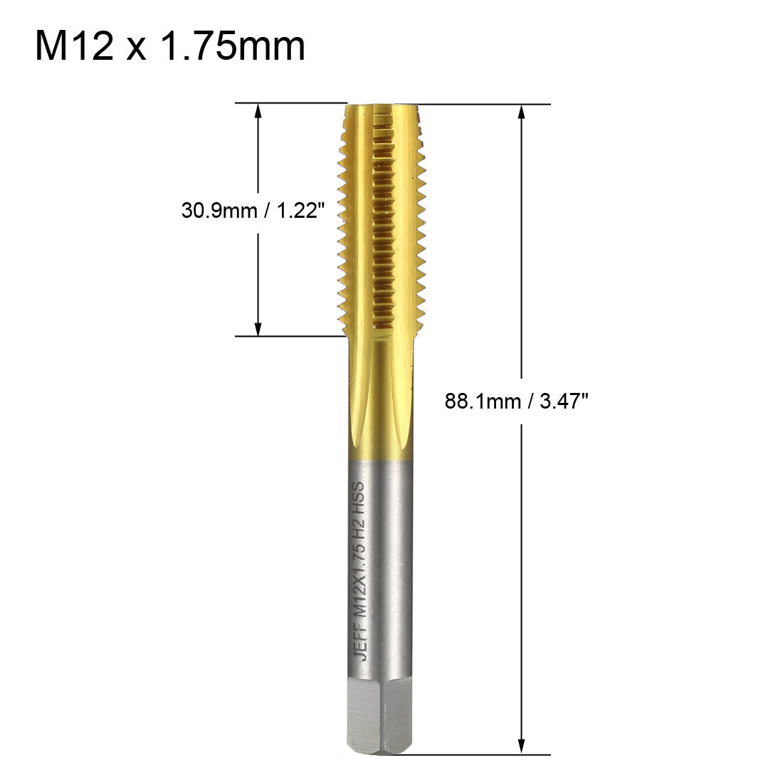 uxcell Uxcell Metric Tap M12 x 1.75 H2 Right Hand Thread Plug Ti-coated for Threading Tapping
