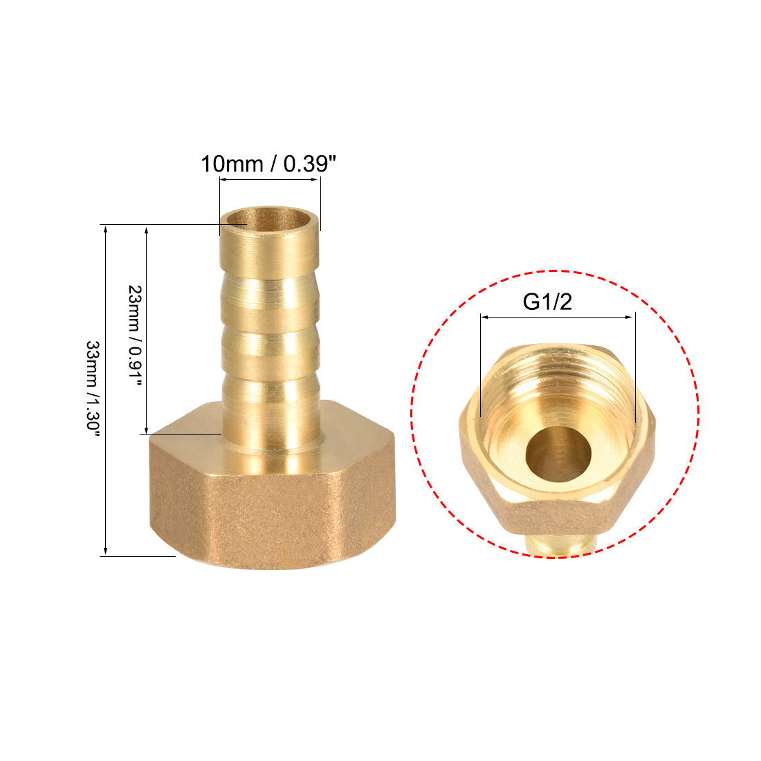 uxcell Uxcell Brass Barb Hose Fitting Connector Adapter 10mm Barbed x G1/2 Female Pipe 2pcs