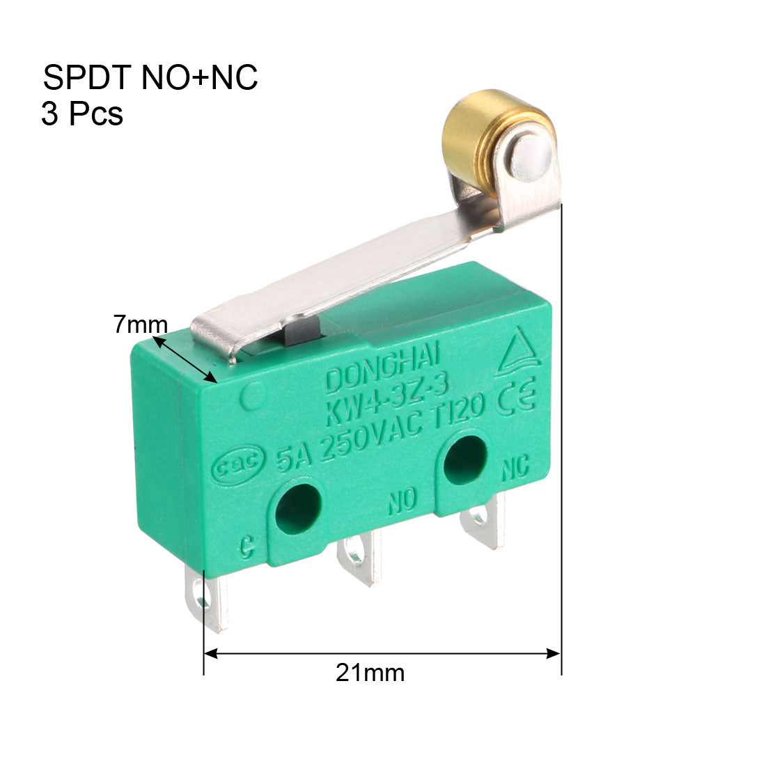 uxcell Uxcell 3PCS KW4-3Z-3 Micro Limit Switch SPDT NO NC 3 Terminals Momentary Hinge Roller Lever Green