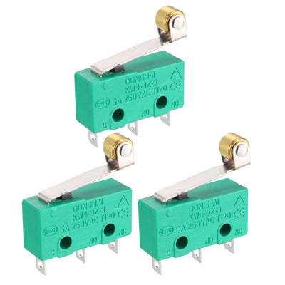 Harfington Uxcell 3PCS KW4-3Z-3 Micro Limit Switch SPDT NO NC 3 Terminals Momentary Hinge Roller Lever Green