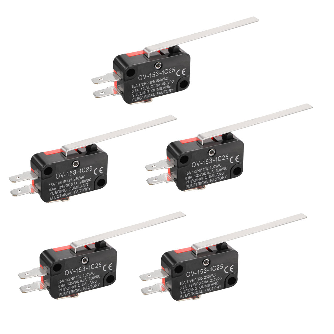 uxcell Uxcell 5PCS OV-153-1C25 15A 125/250VAC SPDT NO NC 3 Terminals Long Straight Lever Action Switches
