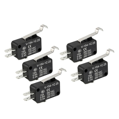 Harfington Uxcell 5Pcs V-154-1C25 Micro Limit Switch Momentary SPDT NO NC 3 Pin Simulated R-Lever Type Arm