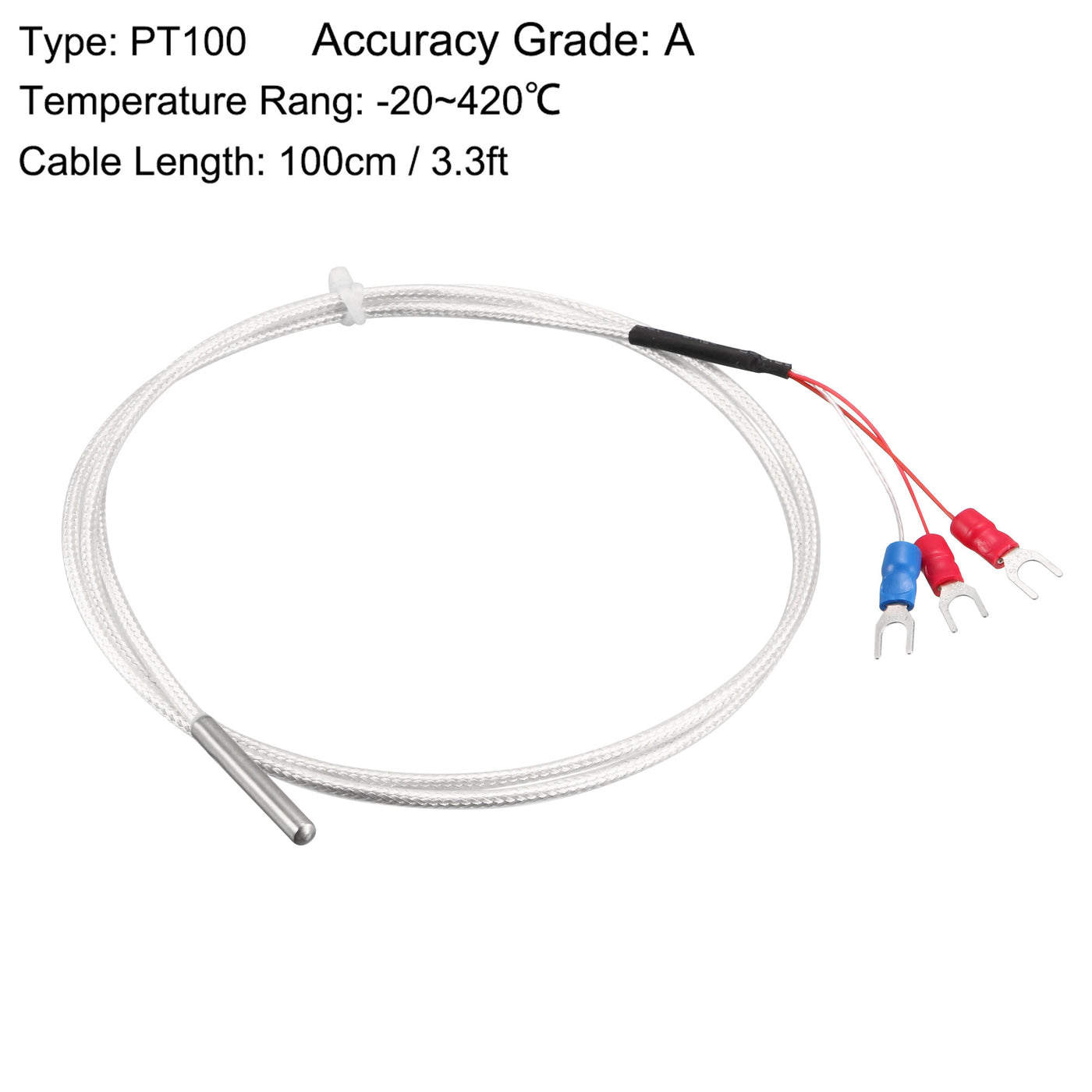 uxcell Uxcell PT100 RTD Temperature Sensor Probe 3 Wires Cable Thermocouple Stainless Steel 100cm(3.3ft) (Temperature Rang: -50 to 200C)