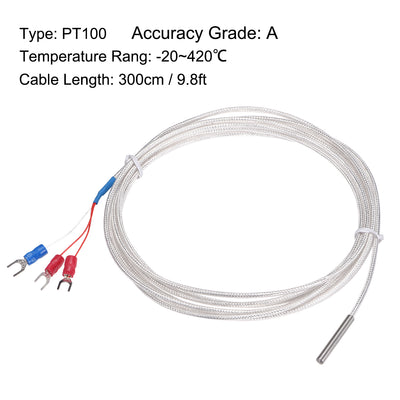 Harfington Uxcell PT100 RTD Temperature Sensor Probe 3 Wires Cable Thermocouple Stainless Steel 300cm(9.8ft) (Temperature Rang:  -50 to 200C)