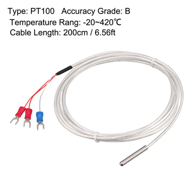 Harfington Uxcell PT100 Temperature Sensor Probe 3 Wires Cable Thermocouple Stainless Steel 200cm(6.56ft) (Temperature Rang: -20~420°C)