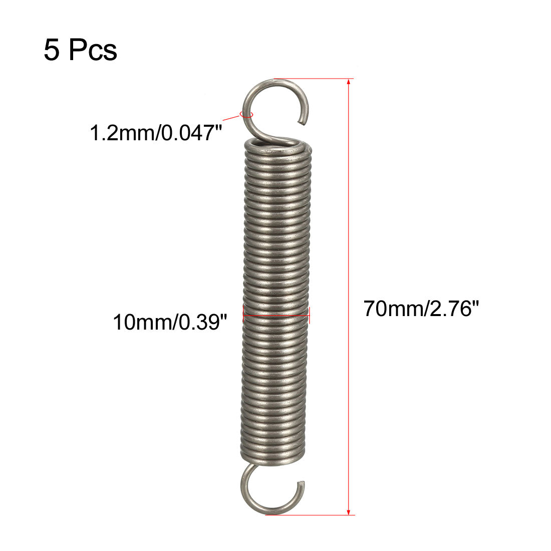 uxcell Uxcell Extended Compressed Spring Wire Diameter 0.047" , OD 0.39" , Free Length 2.76" Stainless Steel Small Dual Hook Tension Spring 5pcs