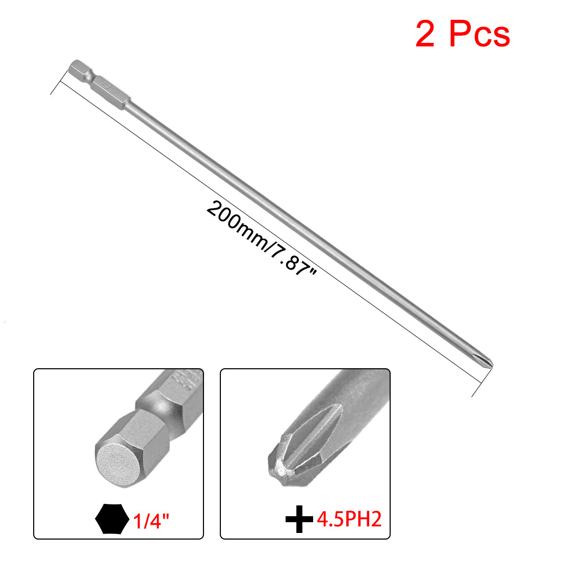 uxcell Uxcell 2Pcs 1/4-Inch Hex Shank 200mm Length Phillips 4.5PH2 Magnetic Screw Driver S2 Screwdriver Bits