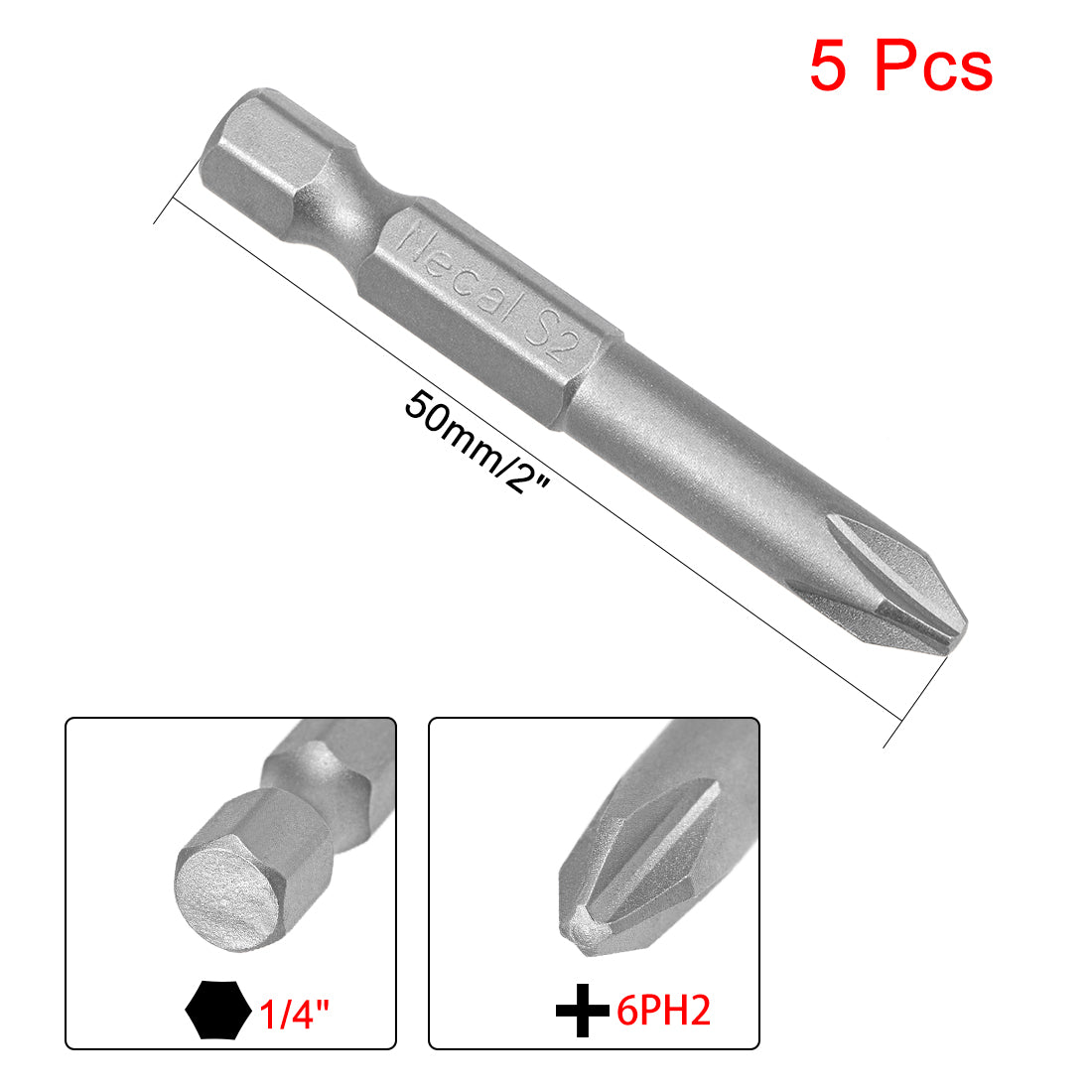uxcell Uxcell 5Pcs 1/4-Inch Hex Shank 50mm Length Phillips 6PH2 Magnetic Screw Driver S2 Screwdriver Bits